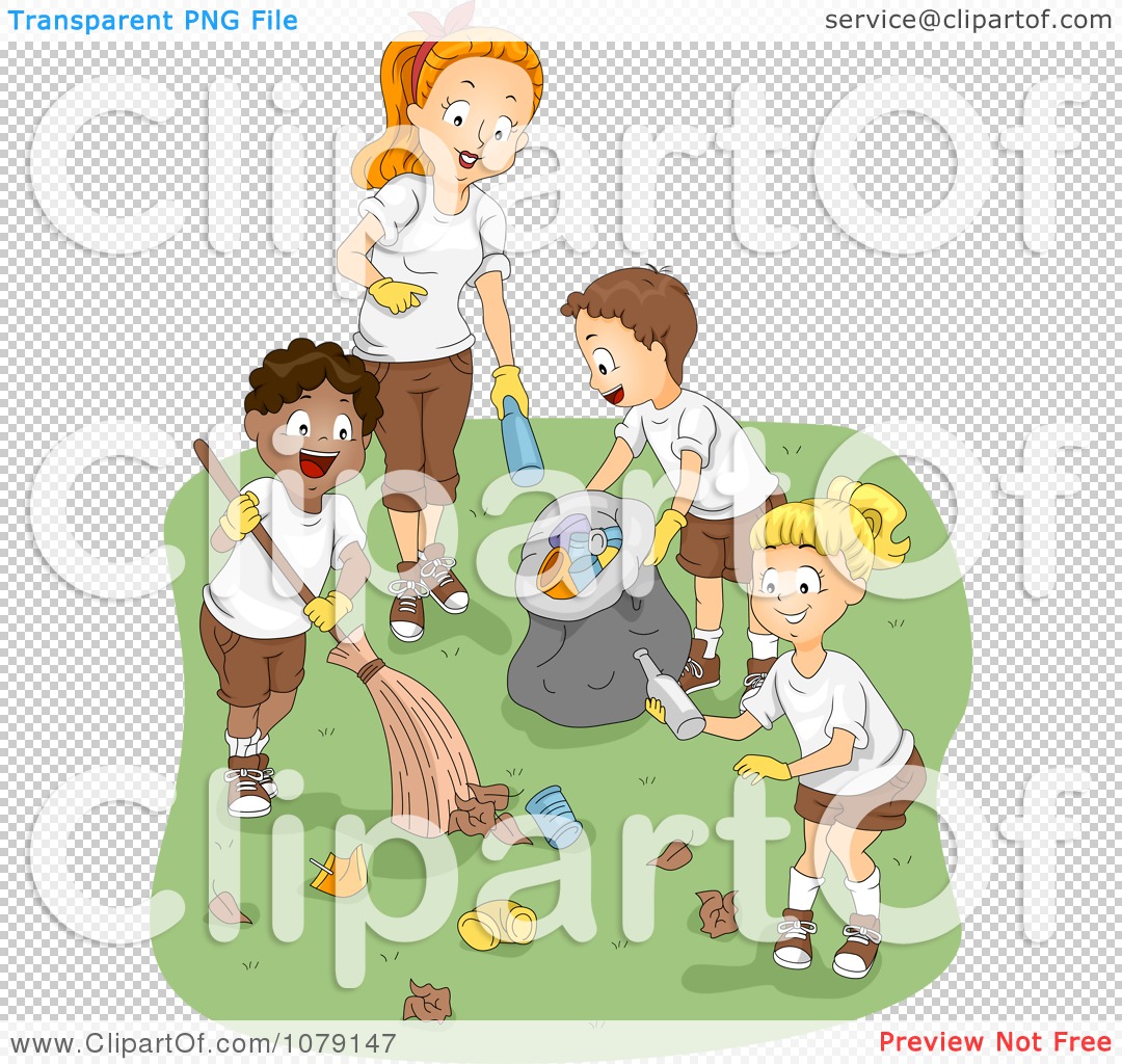 A diverse group of children and an adult volunteer cleaning up litter with brooms, gloves, and trash bags in a park.