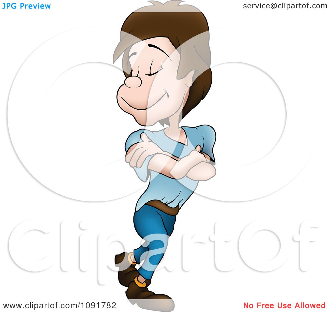 Smiling cartoon boy with brown hair, blue shirt and pants, arms crossed, walking confidently with eyes closed.