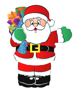 Jolly Santa Claus in red suit holding colorful gifts and waving cheerfully.