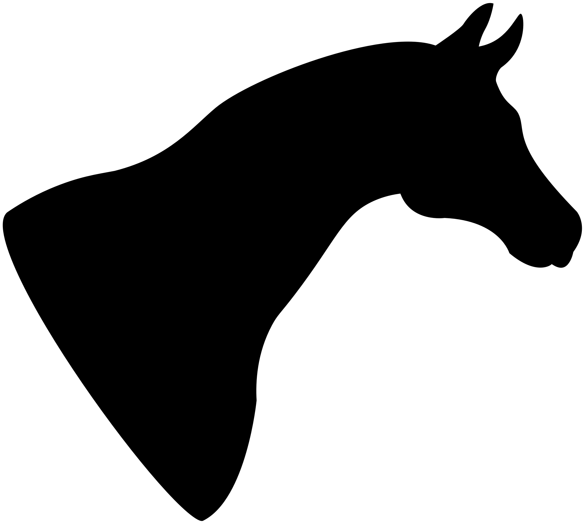 White outline silhouette of a horse’s head and neck against a black background.