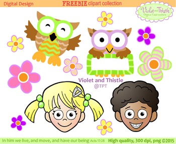 Cute cartoon owls, flowers, and two smiling children; digital clipart collection by Violet and Thistle.