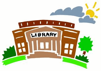 Cartoon-style library building with columns, green bushes, sun, and clouds.