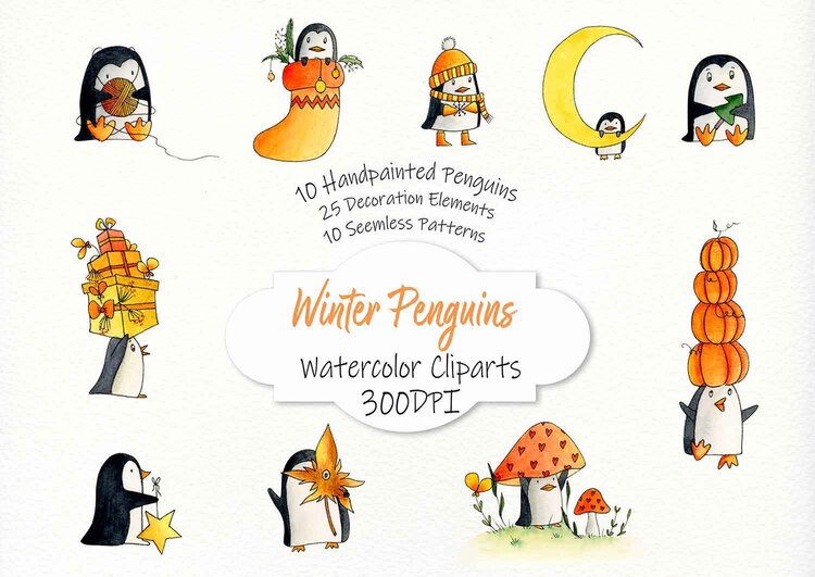 Handpainted watercolor winter penguins with pumpkins, mushrooms, stars, and decorations; 300 DPI clipart set.