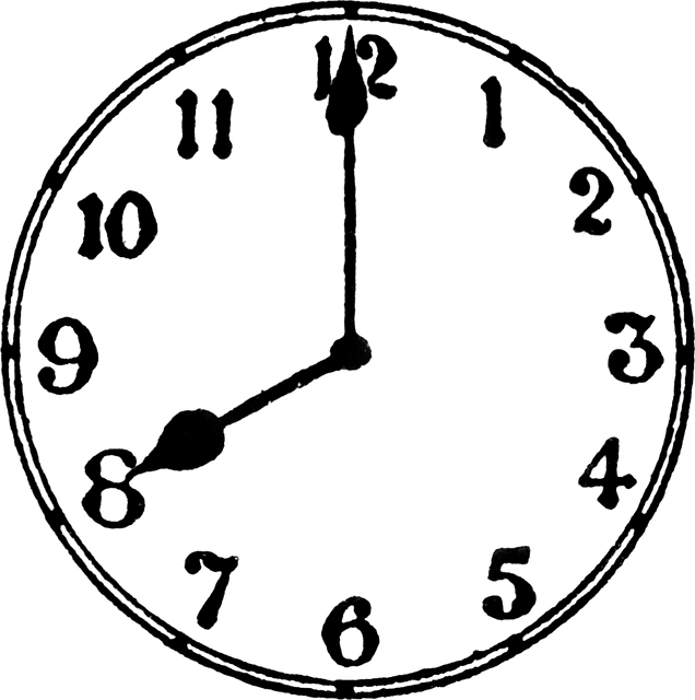 Analog clock showing 8:00 with hour hand on 8 and minute hand on 12.
