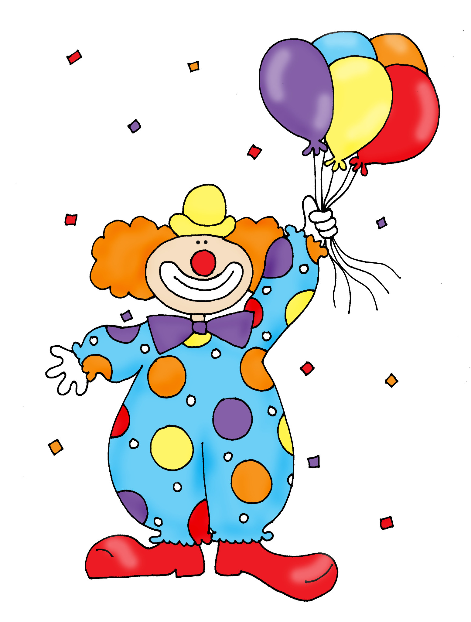 Cheerful cartoon clown in polka-dot suit holding colorful balloons and confetti.