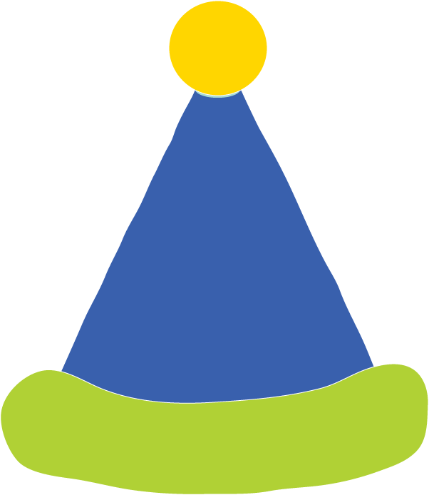 Blue party hat with yellow pom-pom and green brim on white background.