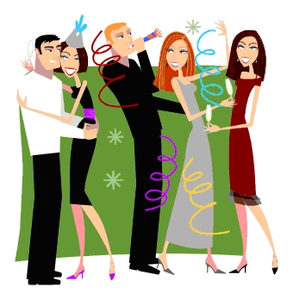 Five stylish adults celebrating with streamers, confetti, and drinks at a lively party.