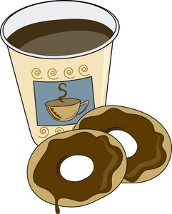 A paper coffee cup with a blue label and two chocolate-glazed donuts beside it.