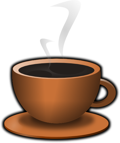 Steaming cup of black coffee in a brown ceramic mug on a matching saucer, with rising vapor swirls.