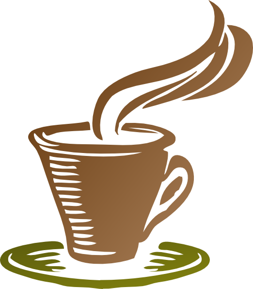 Steaming brown coffee cup on a green saucer, stylized illustration with rising steam swirls.