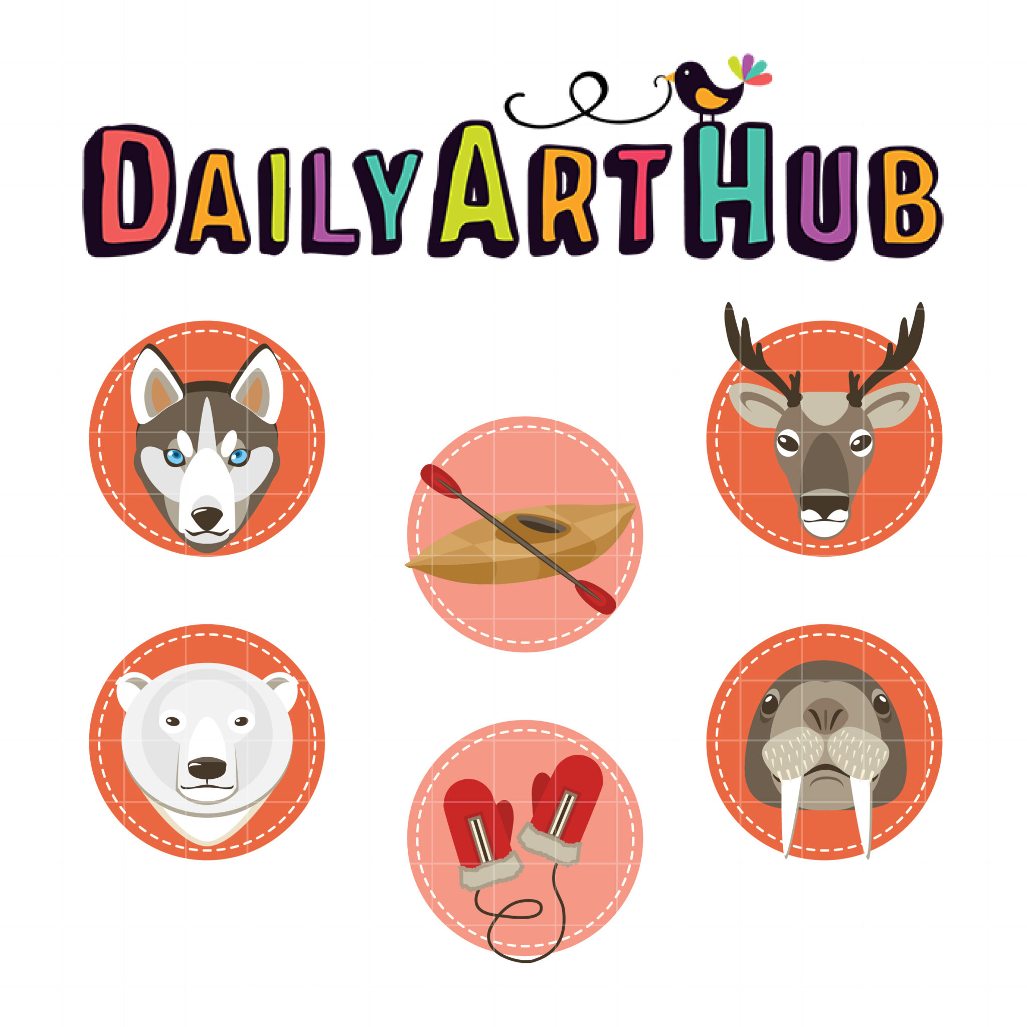 DailyArtHub logo with colorful text and six circular icons: husky, deer, polar bear, walrus, kayak, and mittens.