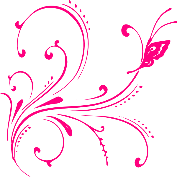 Vibrant pink floral swirls with butterfly motif on black background, decorative vector illustration.