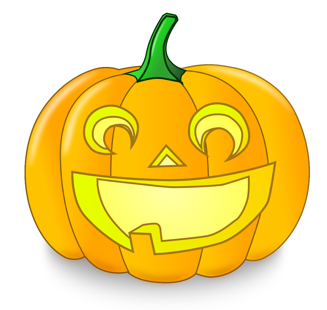 Cheerful cartoon jack-o'-lantern with glowing yellow eyes, triangular nose, wide grin, and green stem on black background.