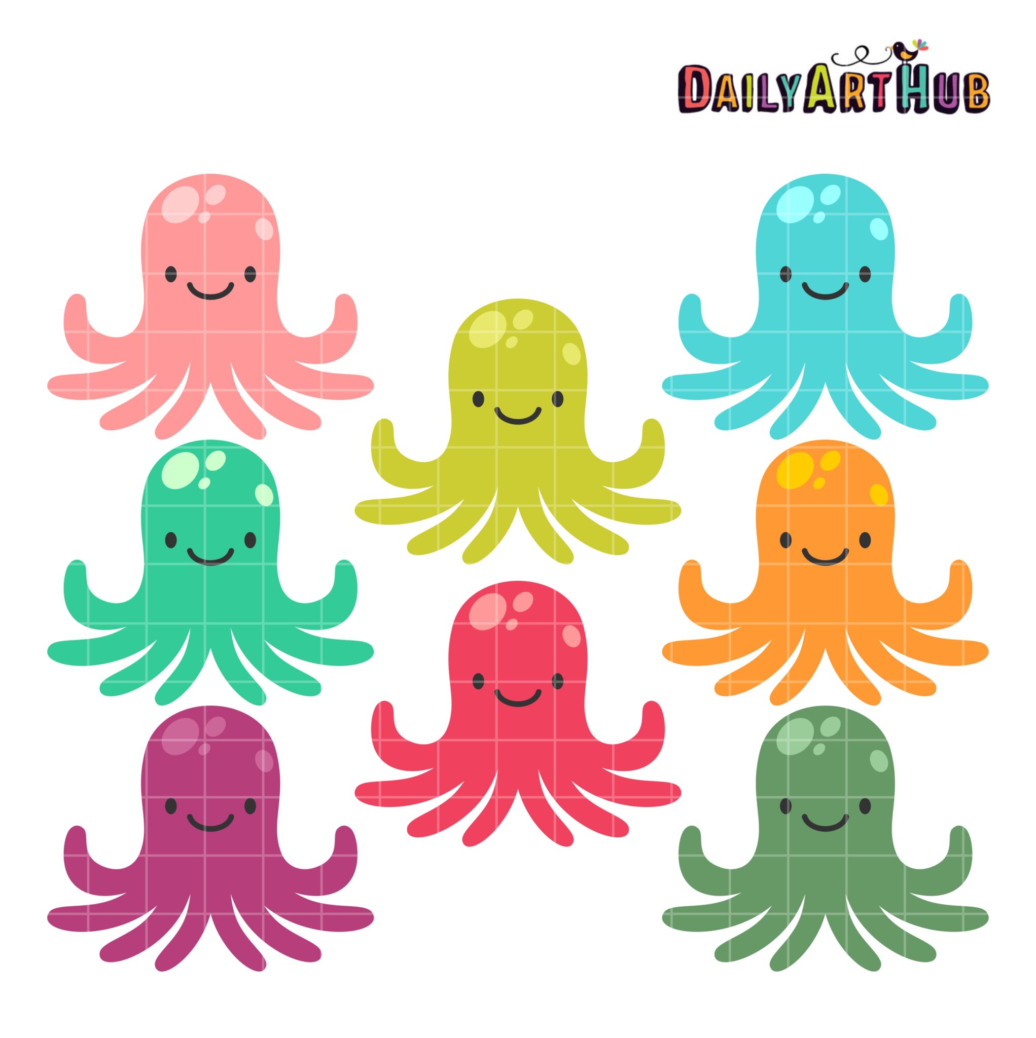Eight colorful kawaii-style octopuses in pastel shades with smiling faces and bubbly textures.
