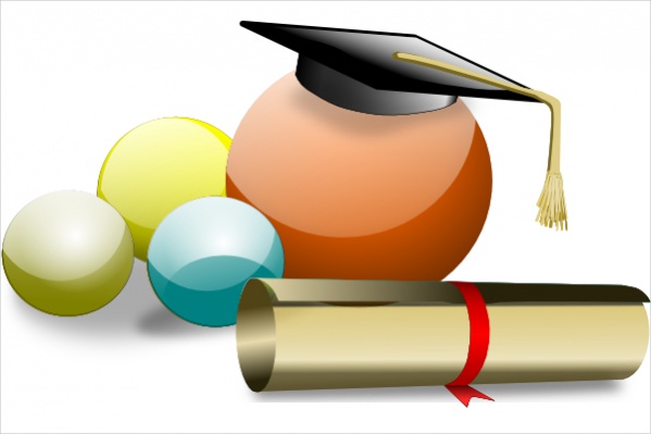 Graduation cap on orange sphere beside colorful spheres and a rolled diploma with red ribbon.