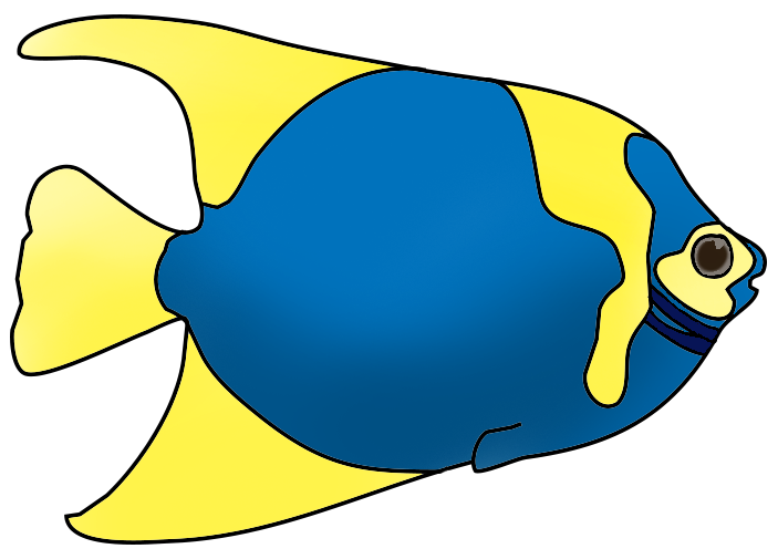 Blue and yellow angelfish illustration with bold outlines and vibrant color blocks.