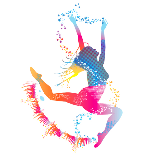 Vibrant silhouette of a joyful dancer mid-leap, surrounded by colorful particle effects and halftone patterns.