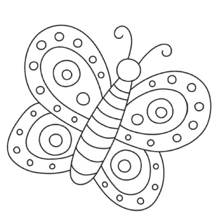 Black-and-white line drawing of a decorative butterfly with patterned wings and antennae, suitable for coloring.