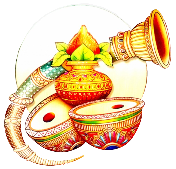 Traditional Indian puja items including kalash, conch shell, and decorated bowls with mango leaves and coconut.