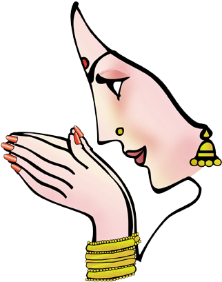 Stylized Indian woman in profile with bindi, jhumka earrings, bangles, and hands in namaste gesture.