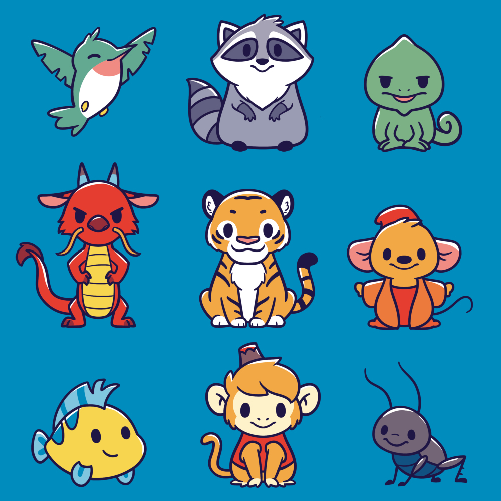 Nine cute cartoon animals including raccoon, tiger, monkey, dragon, fish, ant, bird, lizard, and mouse on blue background.