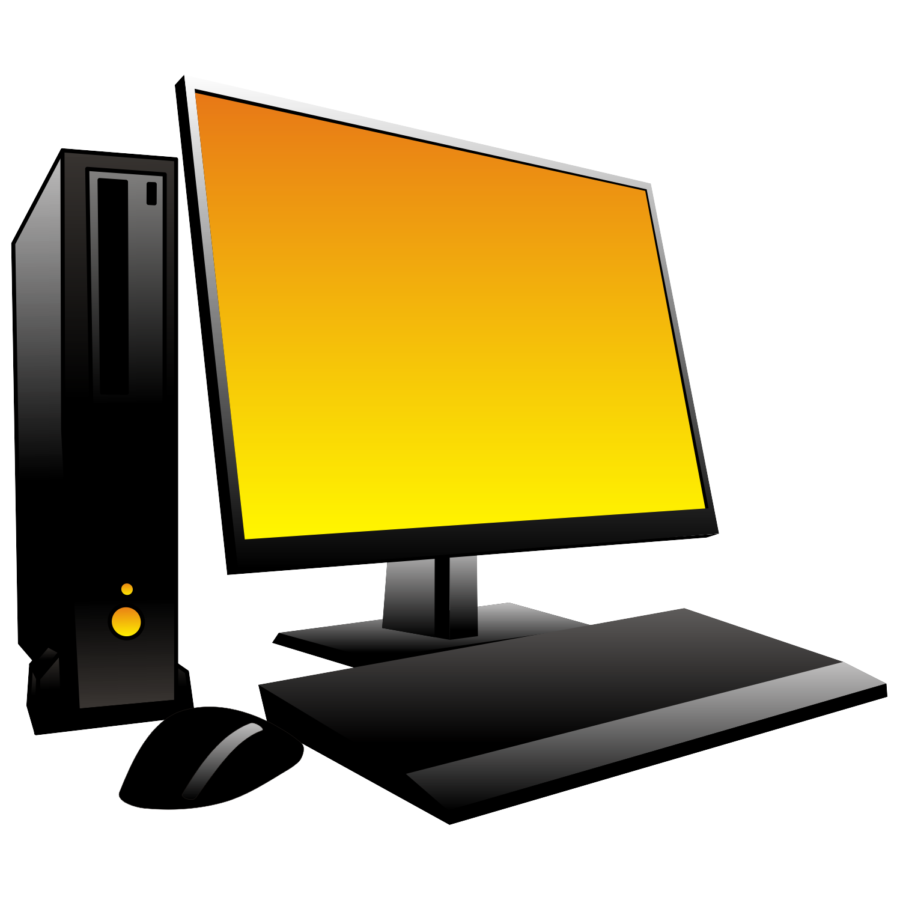 Black desktop computer with tower, monitor displaying orange-to-yellow gradient, keyboard, and mouse on white background.