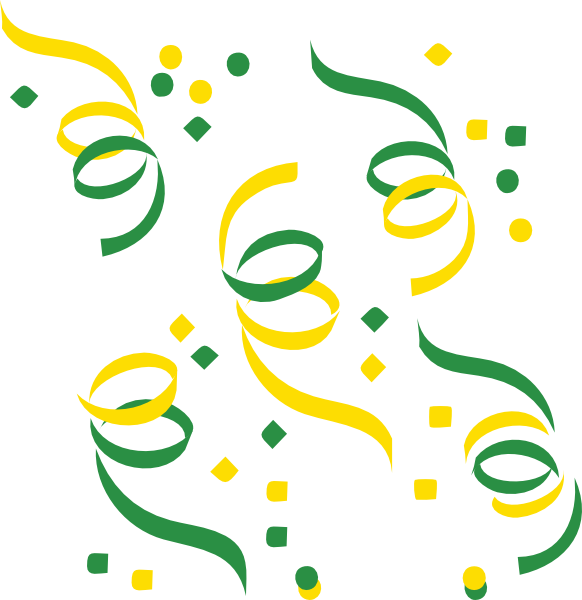 Green and yellow party streamers and confetti on white background, celebrating festive occasions.