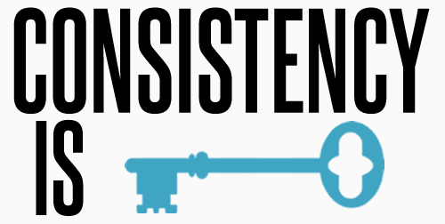 Bold text "CONSISTENCY IS" with a blue key icon symbolizing reliability and trust.