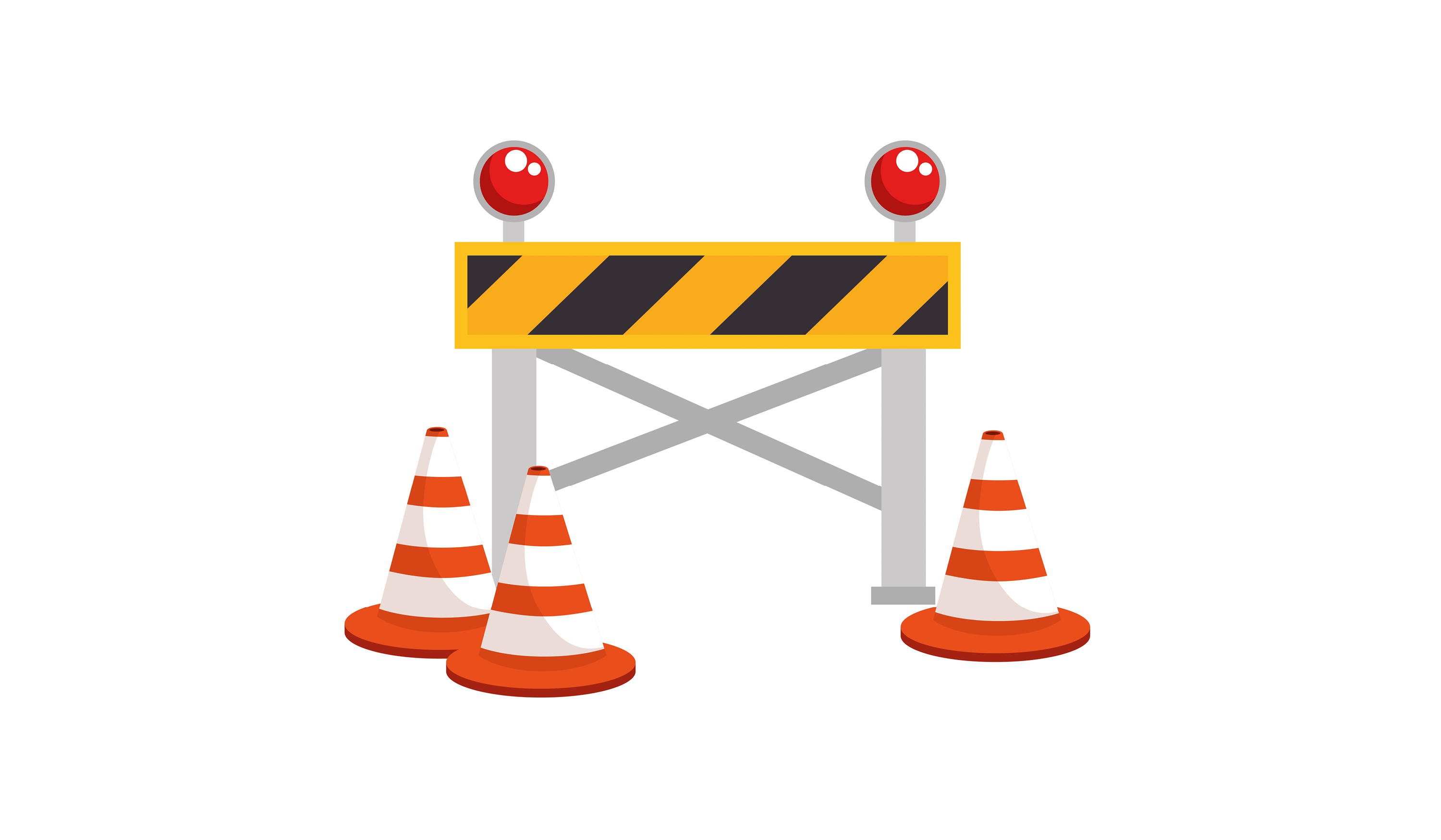 A yellow and black striped road barrier with red warning lights and three orange-and-white traffic cones.