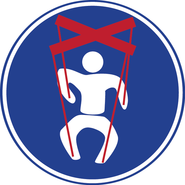 Blue circular sign with white puppet figure crossed out in red, indicating prohibition of puppetry or manipulation.