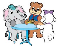 Three cartoon animals-elephant, bear, and dog-sharing a snack at a blue table.
