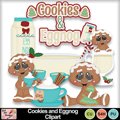 Cute gingerbread characters enjoying cookies and eggnog with festive holiday props like milk, cinnamon sticks, and holly.