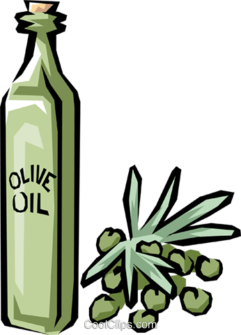 A green glass bottle labeled "Olive Oil" beside a cluster of green olives and olive leaves.