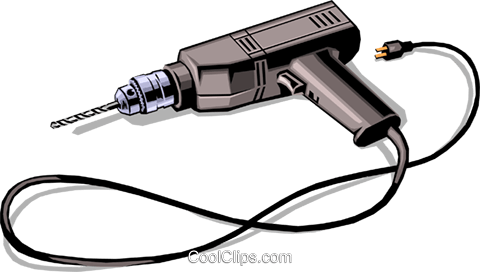 Electric drill with cord and twist bit, illustrated in grayscale on teal background.