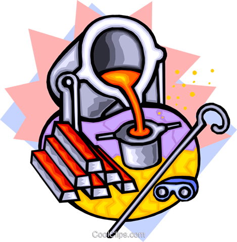 Molten metal being poured from a crucible into a mold, with ingots, tongs, and safety goggles nearby-illustration of metal casting.