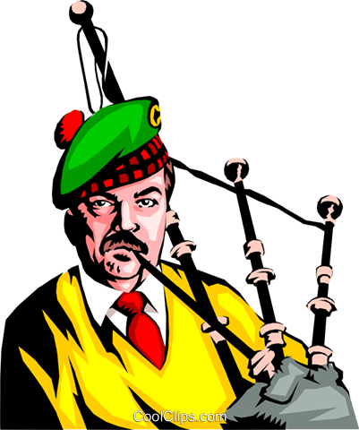 A stylized illustration of a man in traditional Scottish attire playing the bagpipes, wearing a green beret and yellow vest.