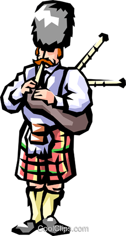 Scottish bagpiper in traditional kilt and bearskin hat playing bagpipes.