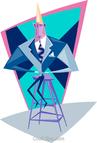 Stylized purple-skinned businessman with golden horn sitting on a stool inside a geometric frame.
