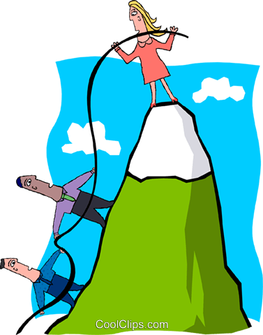 A woman at a mountain peak pulls a rope that lifts two men up the slope, symbolizing leadership and teamwork.