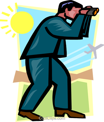 Businessman in suit using binoculars to spot opportunities under a bright sun with airplane in background.
