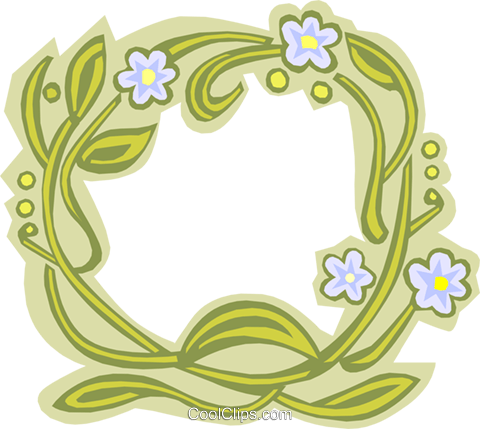 Decorative floral wreath with green vines, leaves, and light purple flowers in a stylized Art Nouveau design.