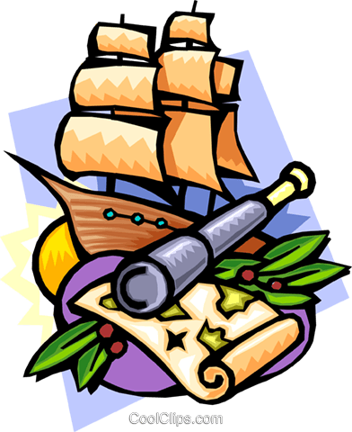 Adventure & Exploration Clip Art - Pirate Ship and Treasure Map Illustration