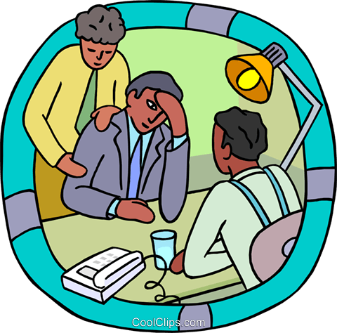 Three professionals in a meeting: one stressed at desk, one comforting, one observing-illustration of workplace support.