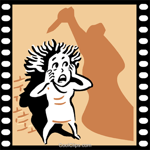 Terrified person screaming with hands on face, shadowy figure looming behind holding a knife, filmstrip border.