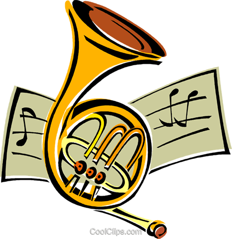 Golden French horn with musical notation sheets on a teal background, stylized illustration.