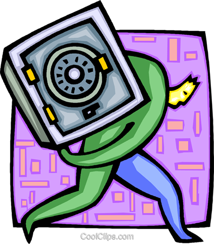 Green cartoon figure sprinting while carrying a heavy safe, symbolizing data security or digital asset protection.