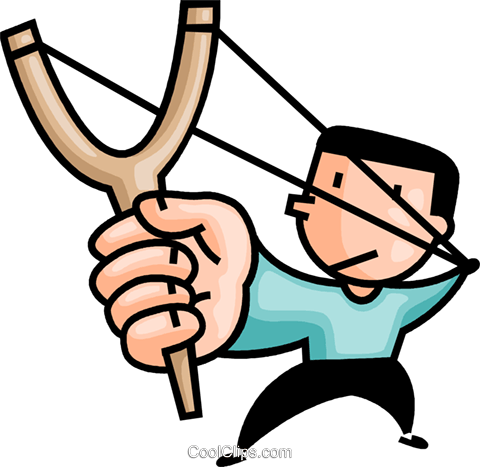 Cartoon man aiming a wooden slingshot with focused expression, wearing light blue shirt and black pants.