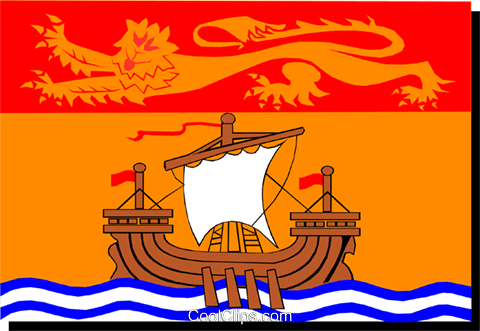 Flag of New Brunswick featuring a golden lion on red, a Viking-style ship on orange, and blue waves below.