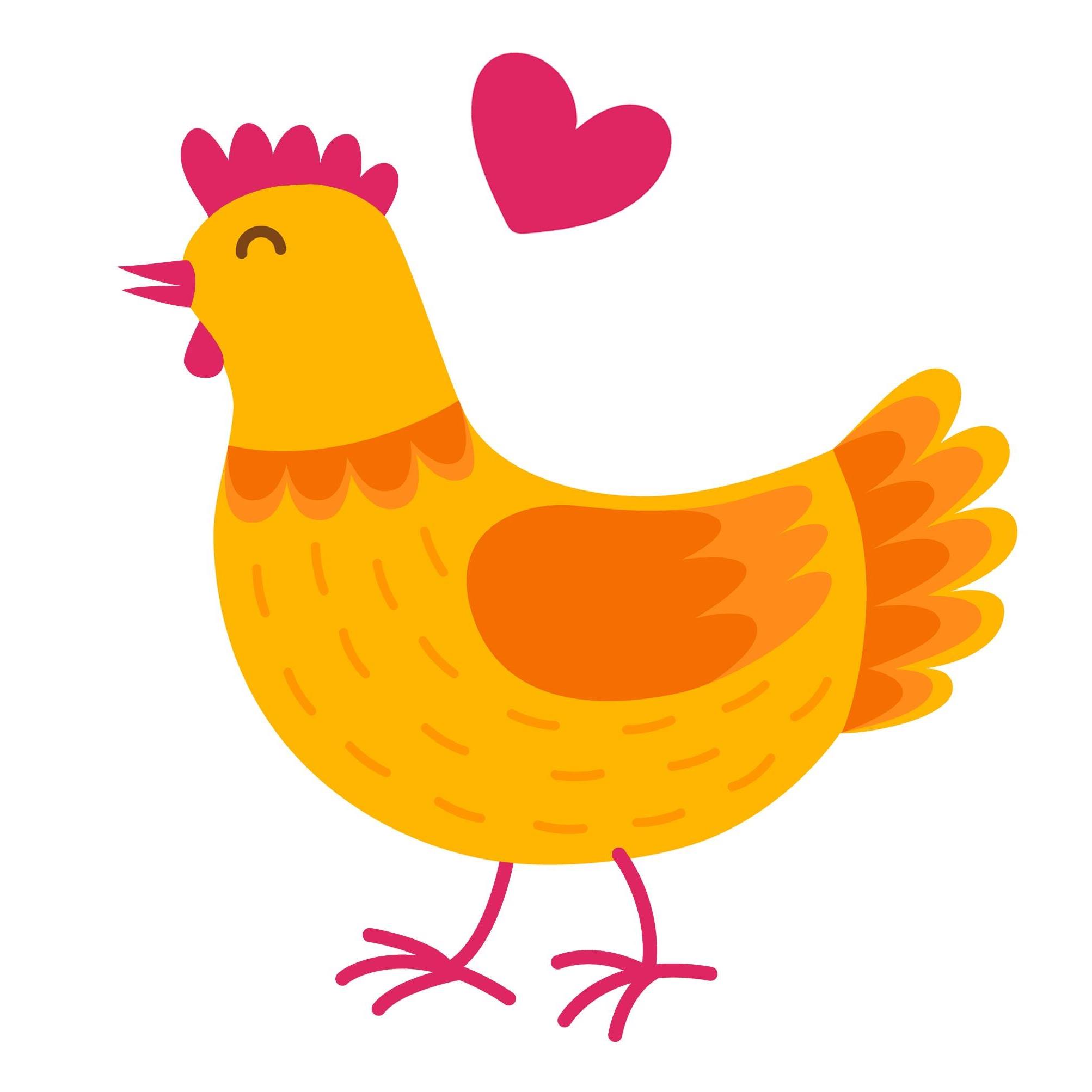 Cheerful yellow cartoon chicken with pink comb and heart, symbolizing love or affection.