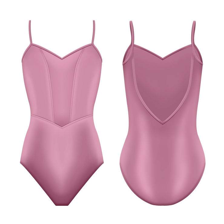 Dusty pink ballet leotard with V-neck front, thin straps, and open back design shown front and back.